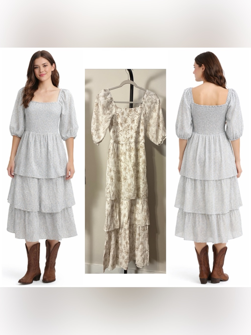 J Gee White Tan Floral Smocked Tiered Midi Dress Small